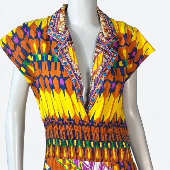 VTG 100% Cotton Geometric Artsy Boho Midi Dress Women's Large Beaded Resortwear - Picture 4 of 12